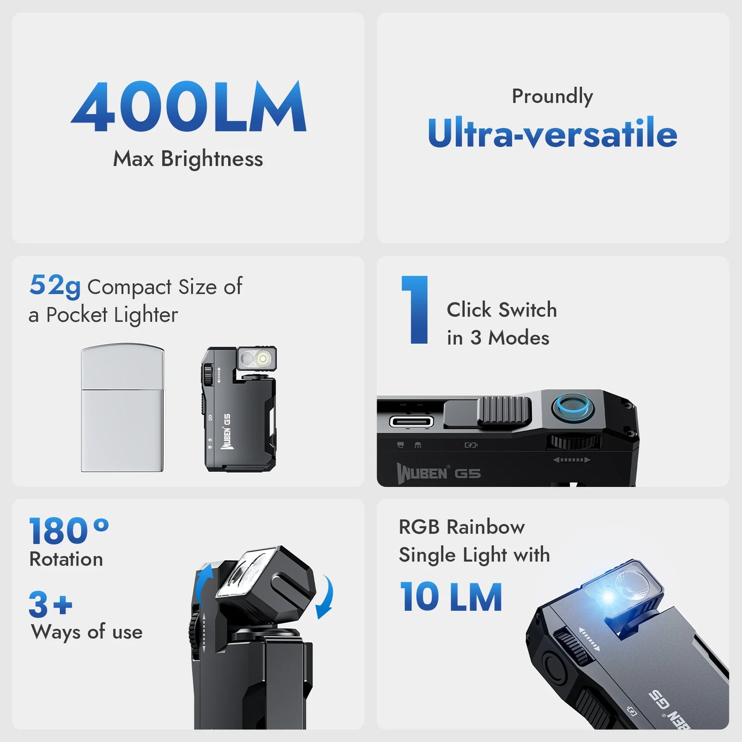 WUBEN G5 Rechargeable EDC Flashlight 400 Lumens Dual Light RGB