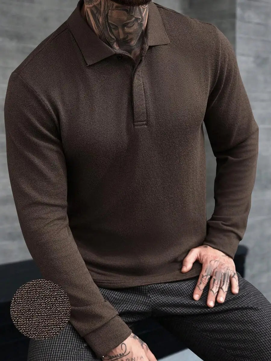Men's Long Sleeve Textured Knit Polo Shirt - Solid White, Casual Business Wear