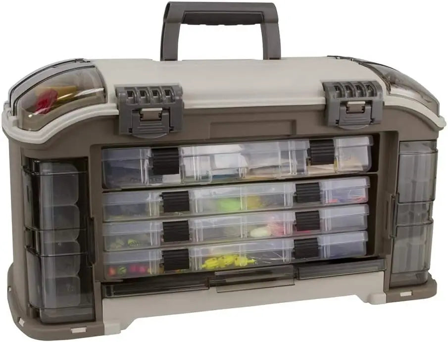 15° Angled Tackle Box System with 7 Waterproof Utility Boxes, Fishing Storage Case, Non-Skid Base, Lockable Latches
