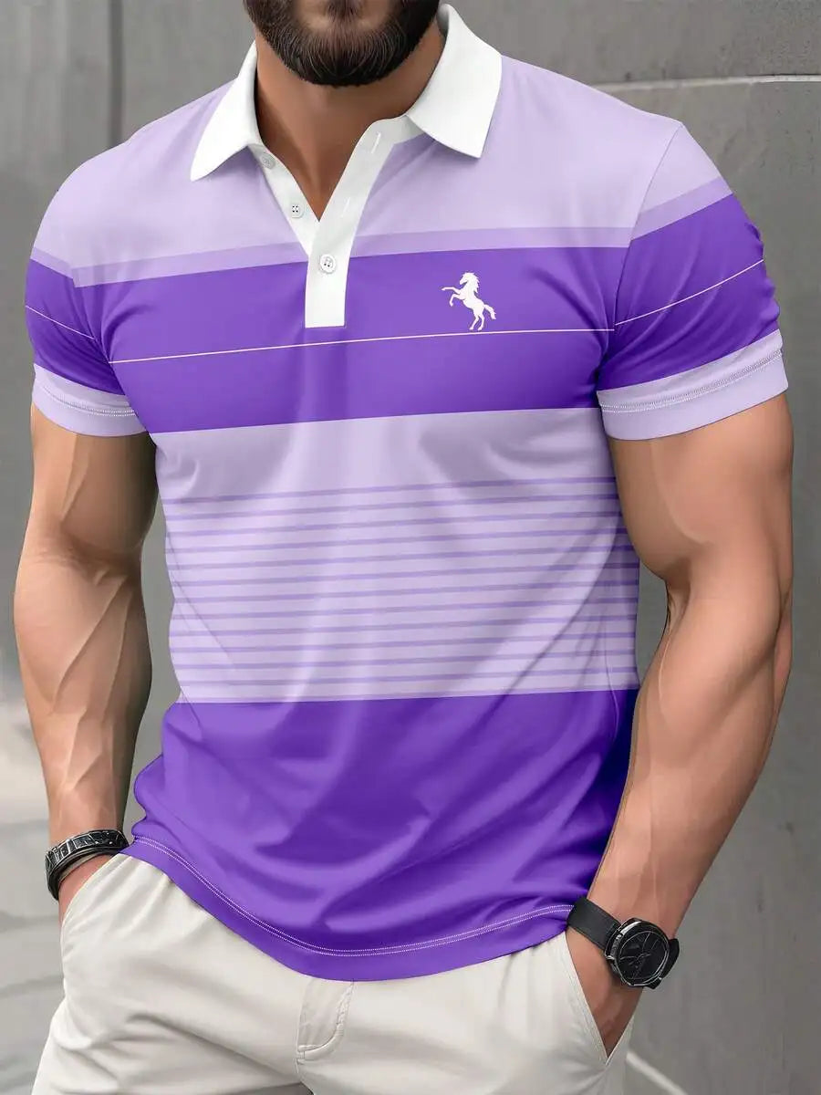 Men's Casual Striped Short Sleeve Polo Shirt with Horse Logo