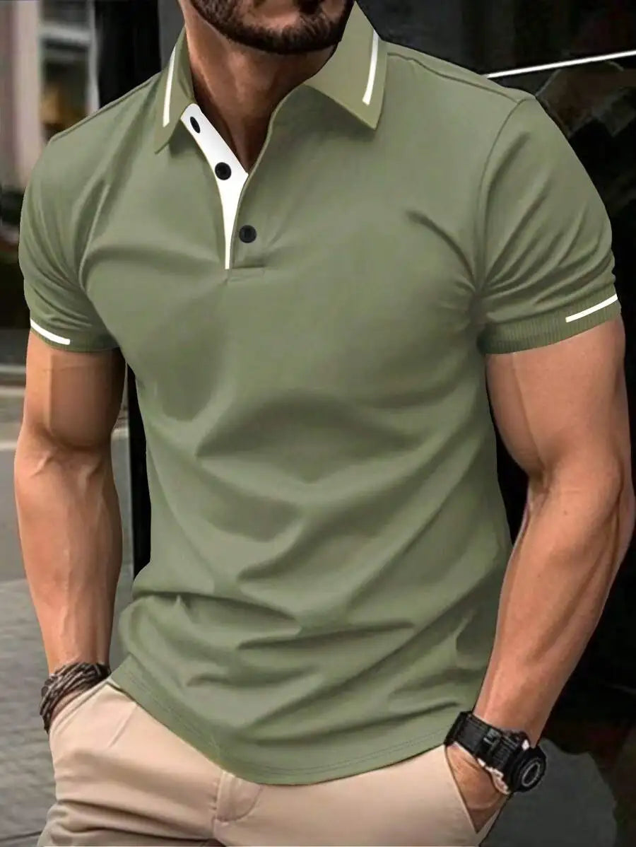 Navy Blue Men's Polo Shirt with Red Trim Collar and Cuffs, Short Sleeve Casual Summer Top