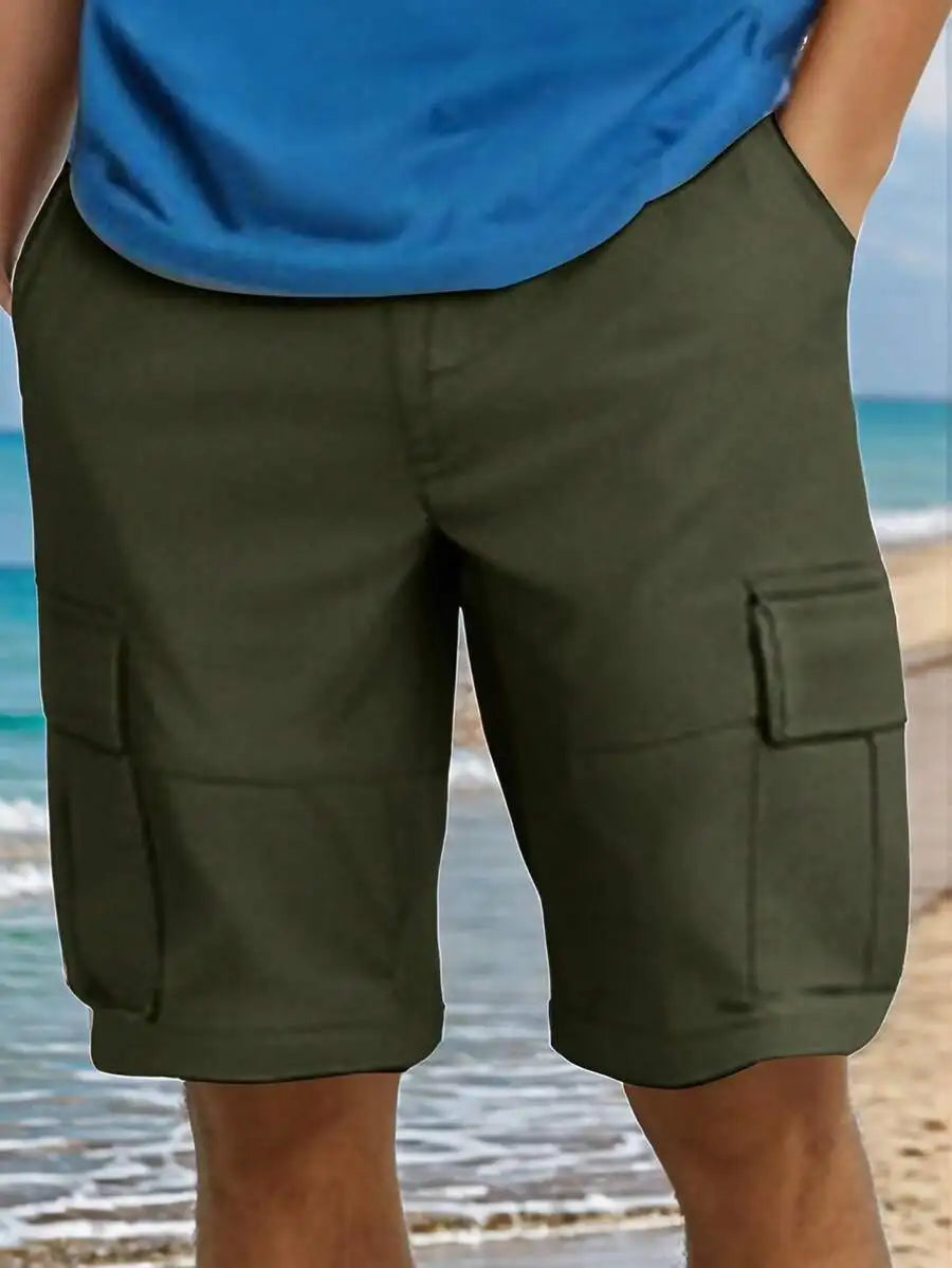 Men's Solid Color Cargo Shorts With Elastic Waist Pockets Summer