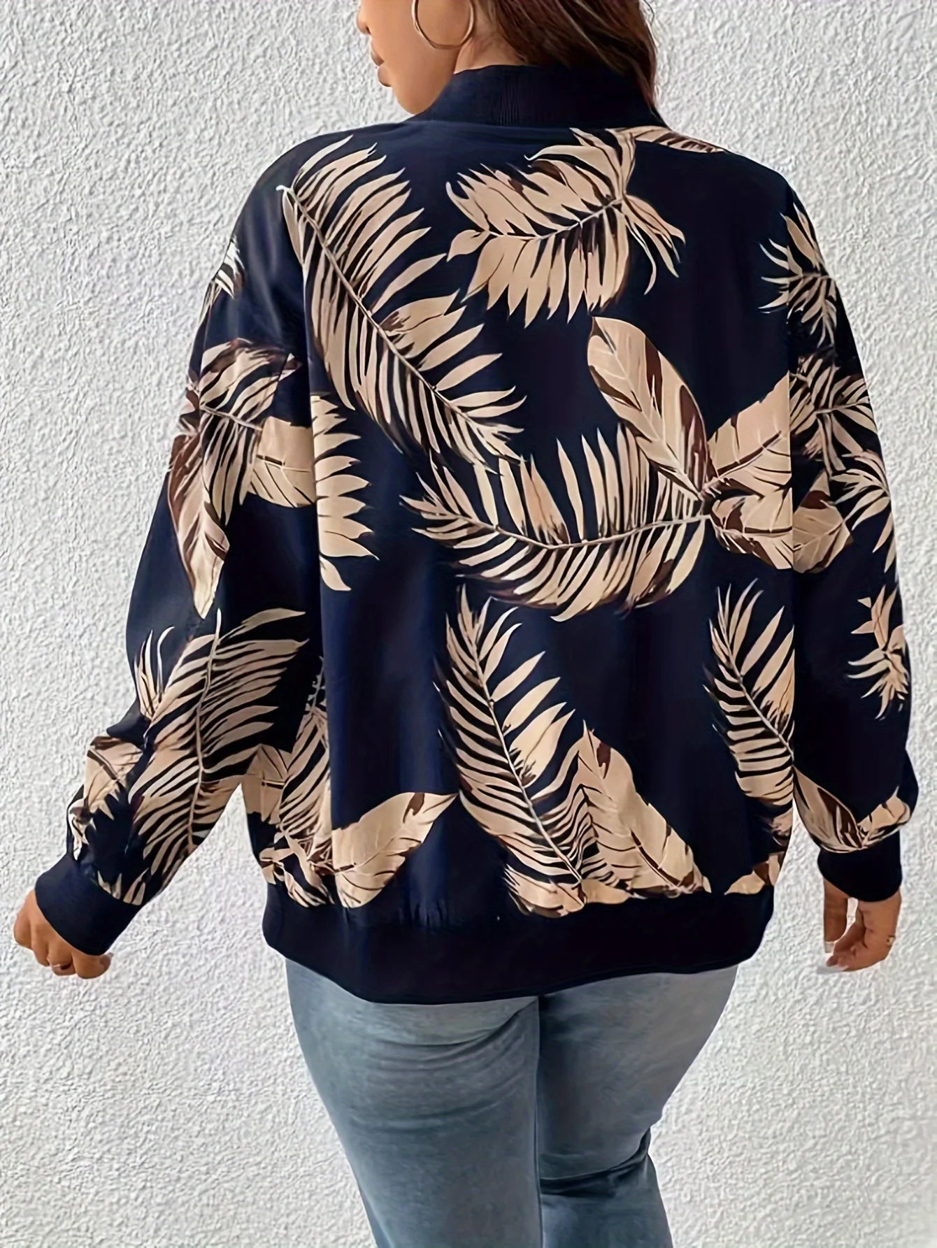 Tropical Plant Print Baseball Jacket With Zipper For Casual Wear