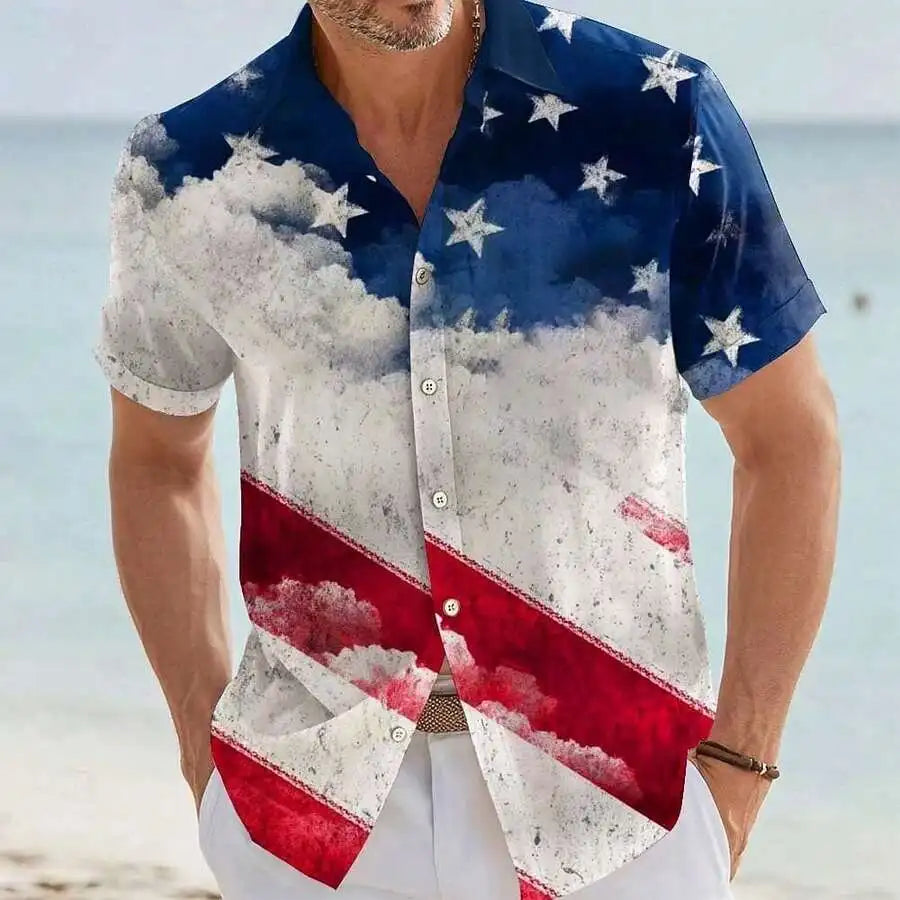Patriotic American Flag Print Men's Short Sleeve Button Up Shirt