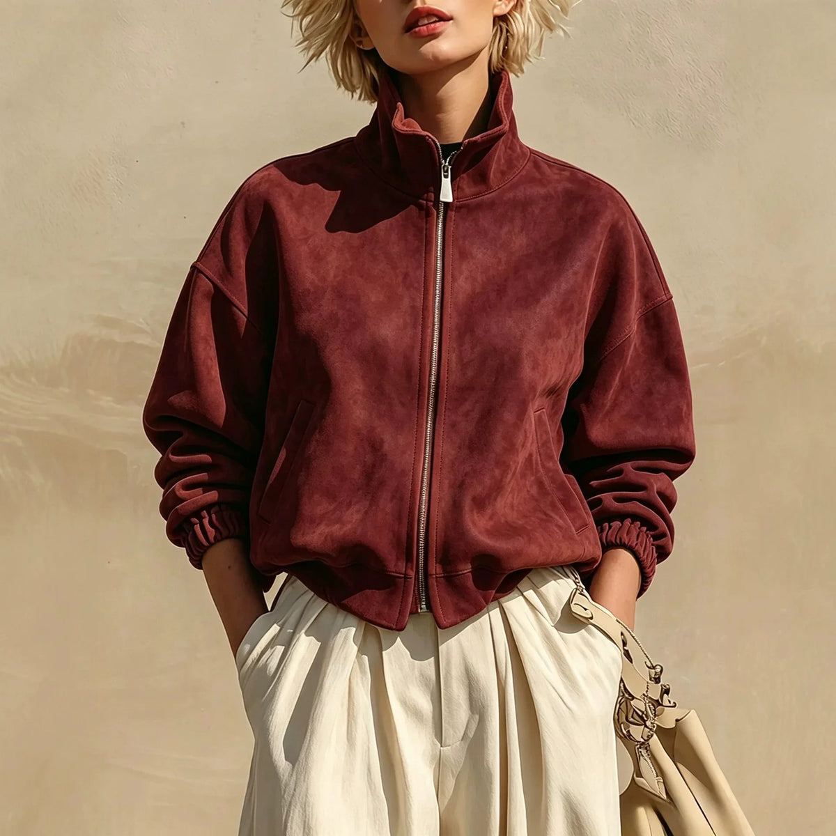 Women's Retro Suede Style Stand Collar Zipper Jacket Cinched Sleeves