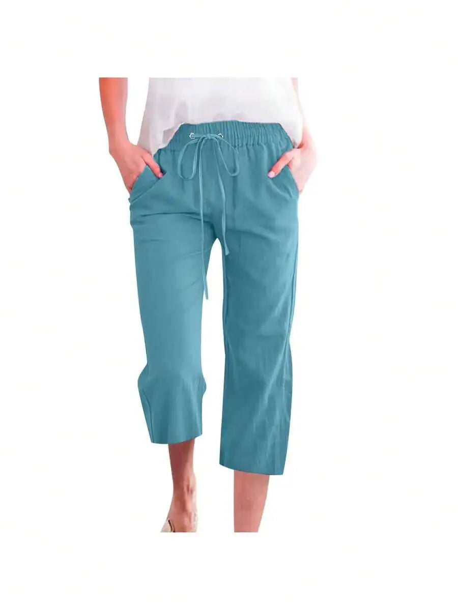 Womens Summer Elastic High Waist Linen Cotton Blend Drawstring Capris