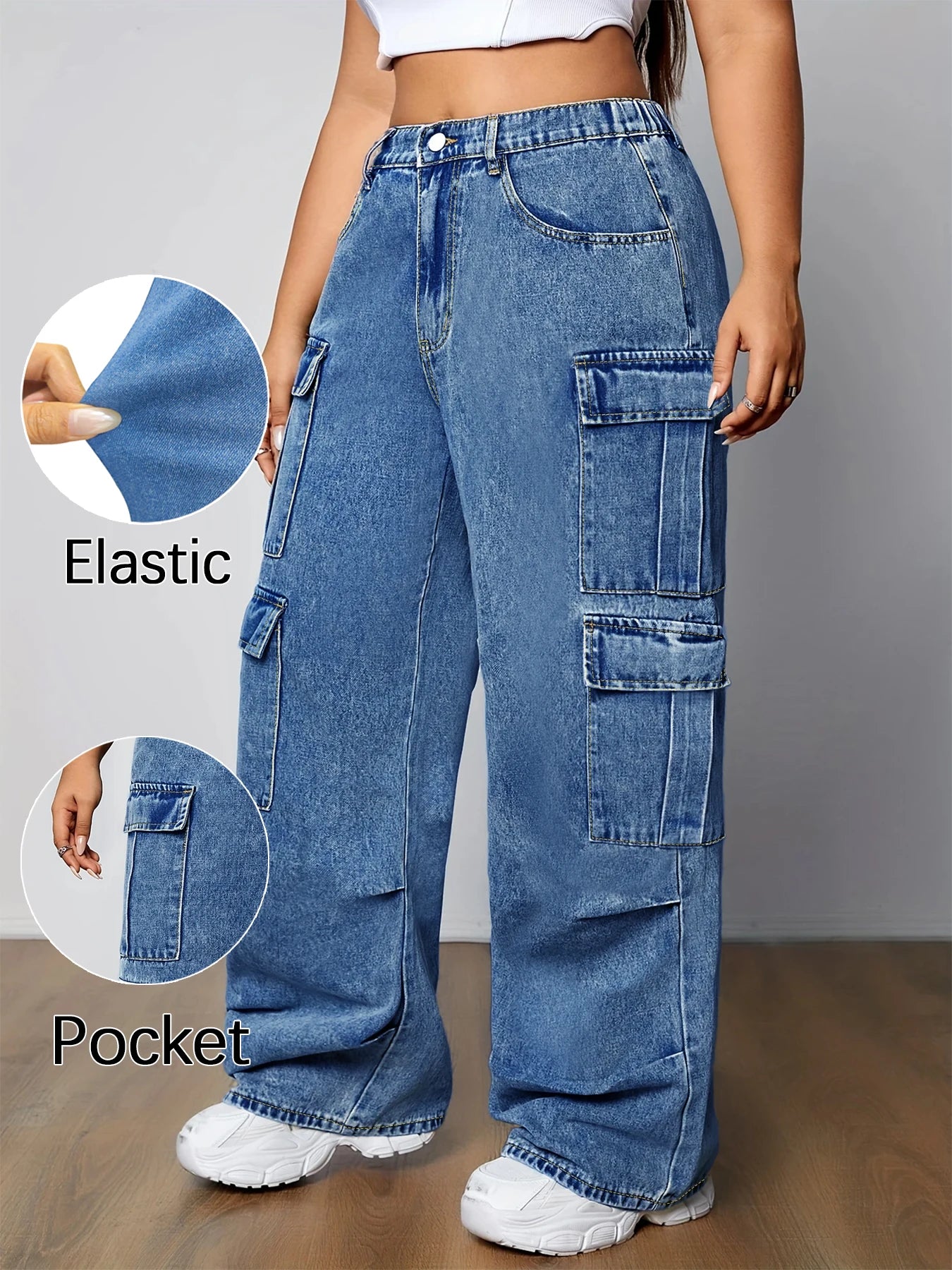 Women's Mid Rise Light Wash Cargo Wide Leg Jeans with Elastic Waist