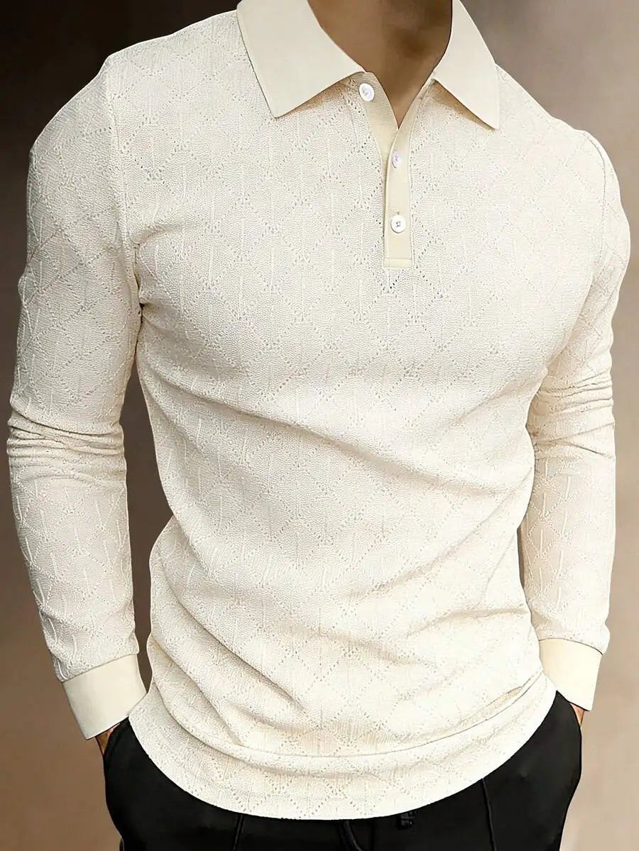 Men's Long Sleeve Textured Knit Polo Shirt - Solid White, Casual Business Wear