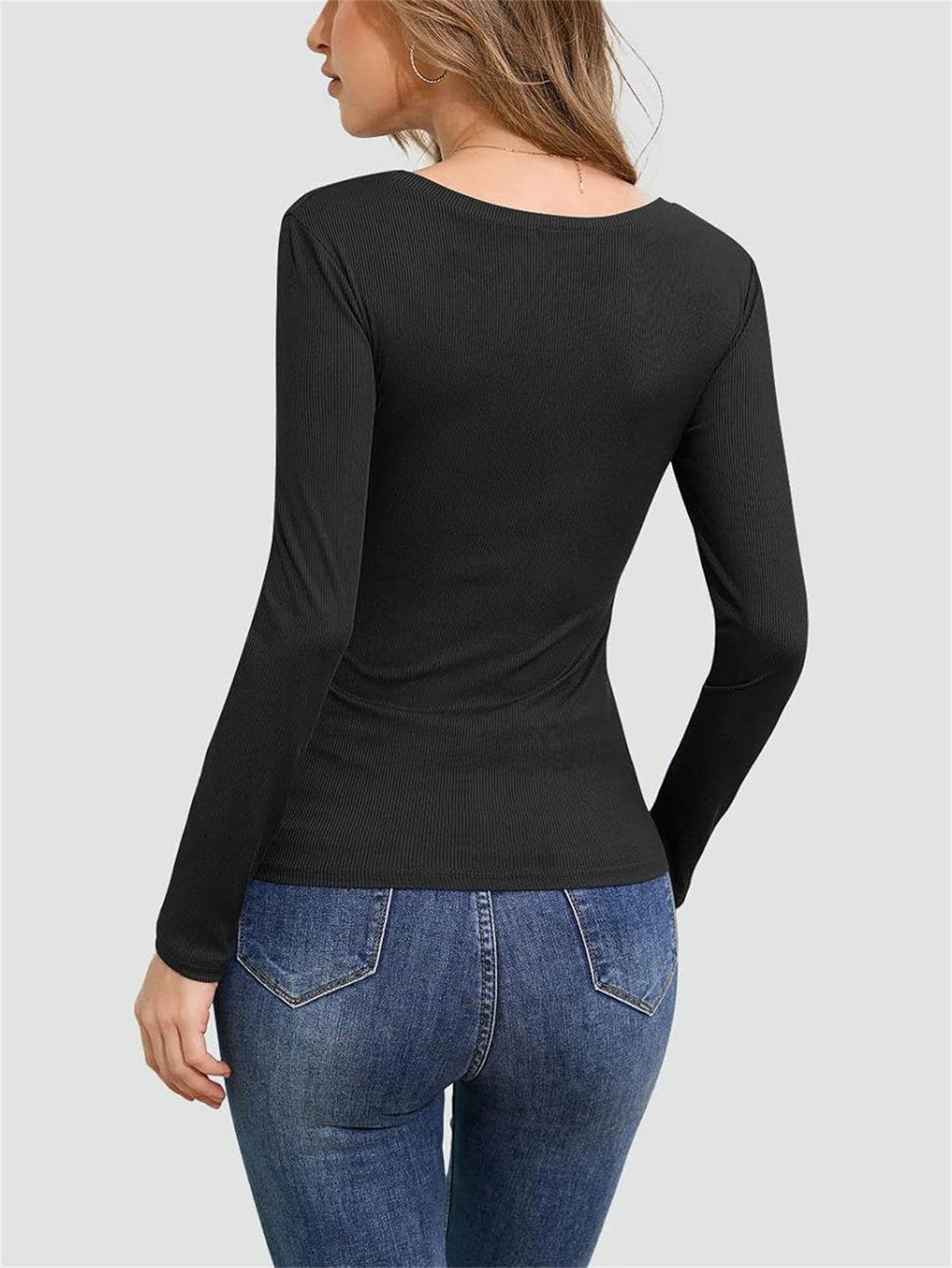 Womens Square Neck Ribbed Long Sleeve Slim Fit Top