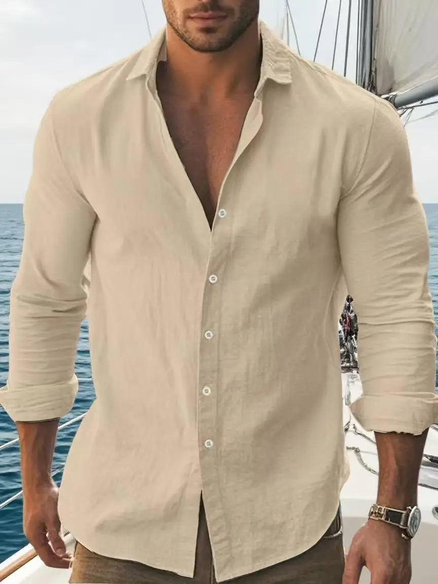 Men's Solid Cotton Long Sleeve Shirt With Classic Collar