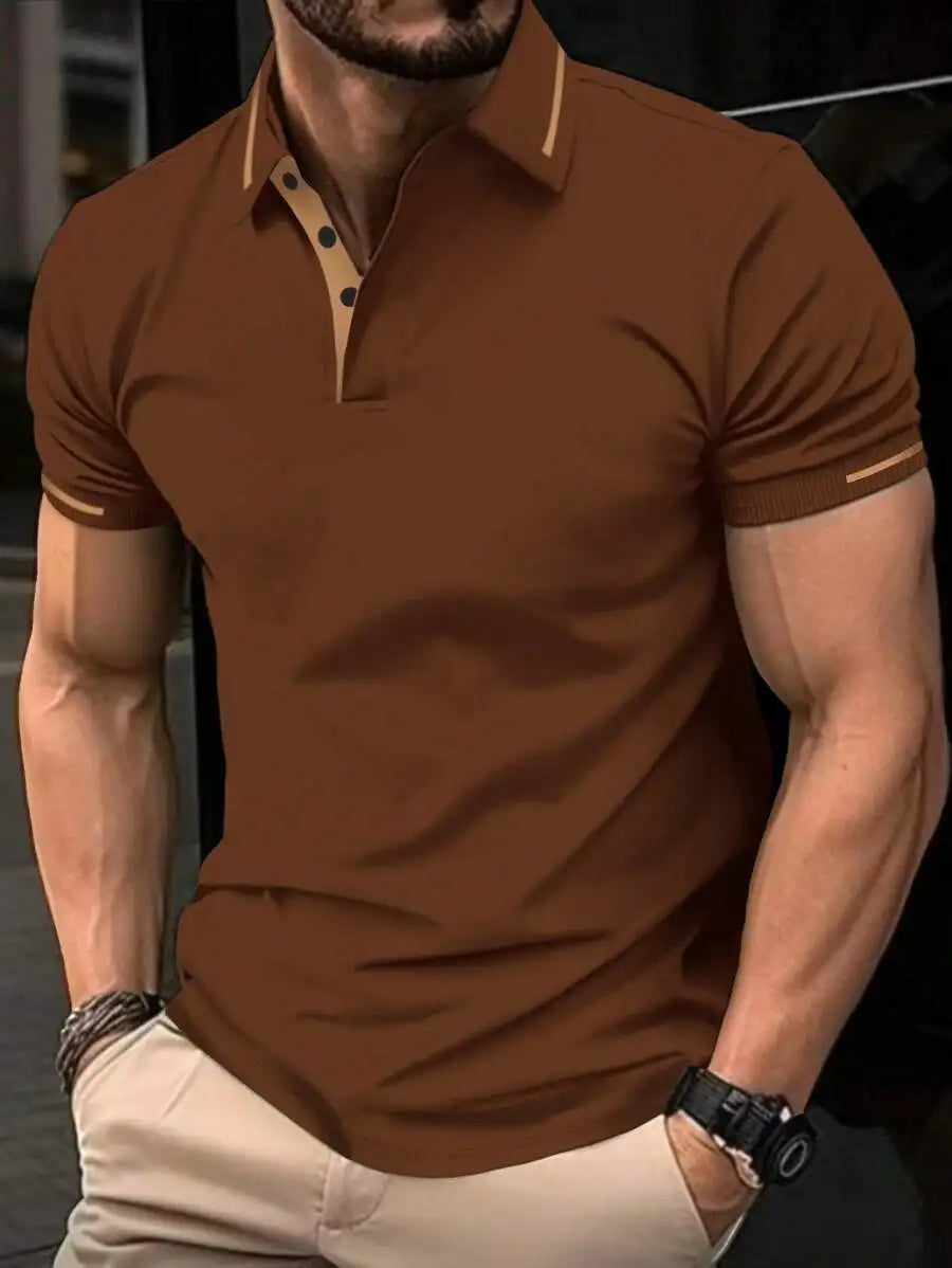 Navy Blue Men's Polo Shirt with Red Trim Collar and Cuffs, Short Sleeve Casual Summer Top