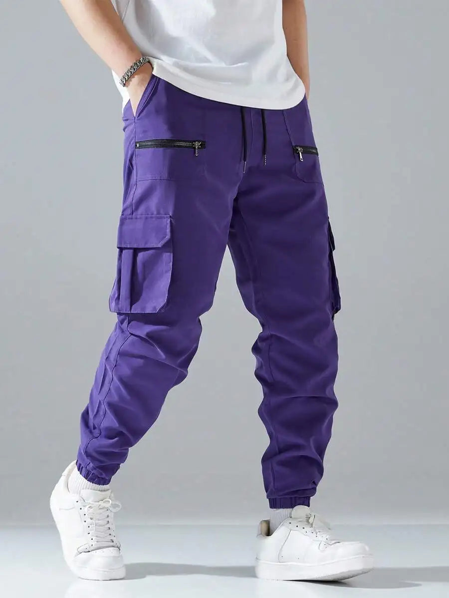 Loose Fit Mens Cargo Pants With Flap Pockets Elastic Waist