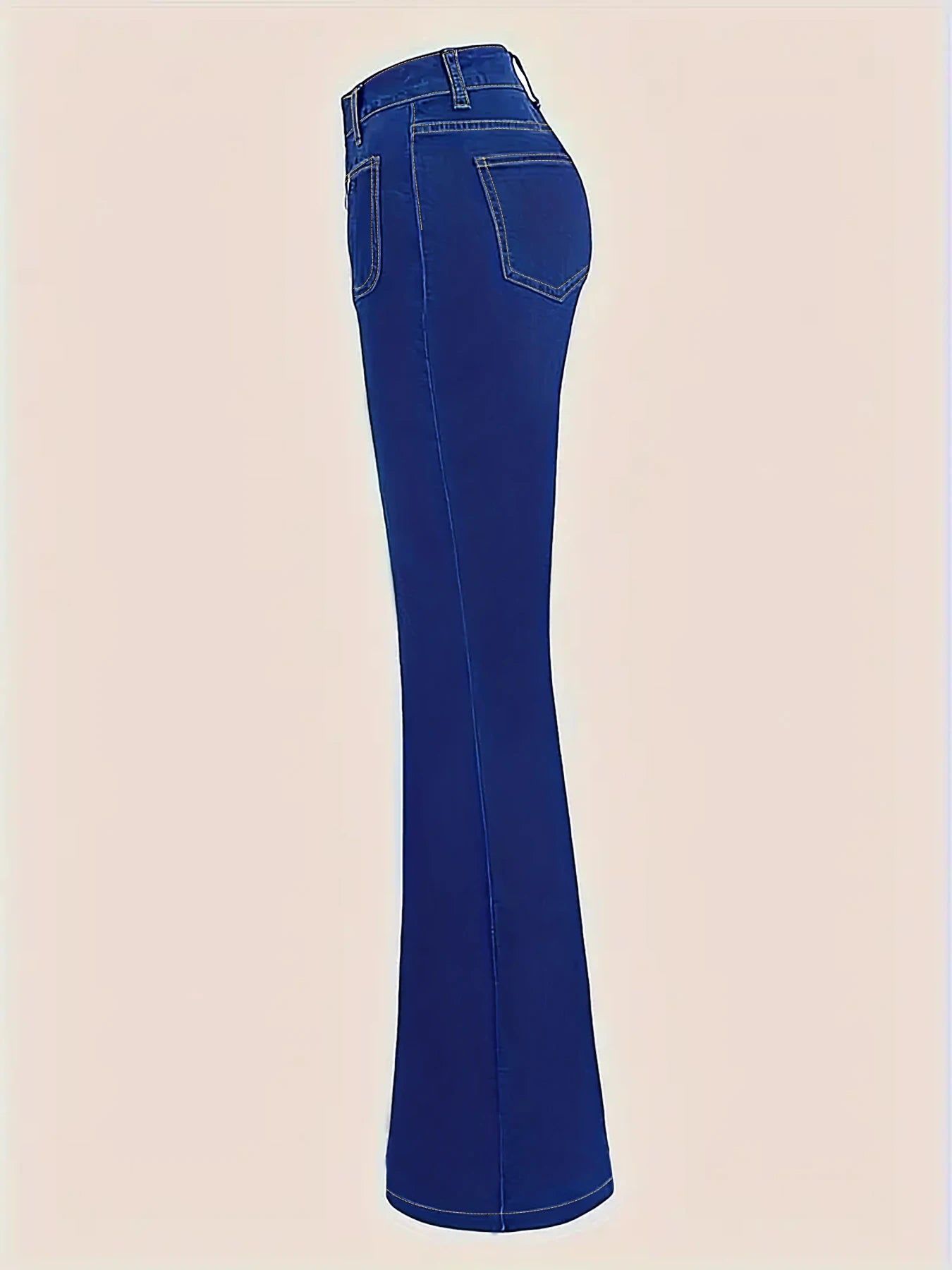 Plus Size Women's Dark Blue Flare Jeans, Multi Button Waist, Patch Pockets, Contrast Stitch High Stretch Retro Denim Pants
