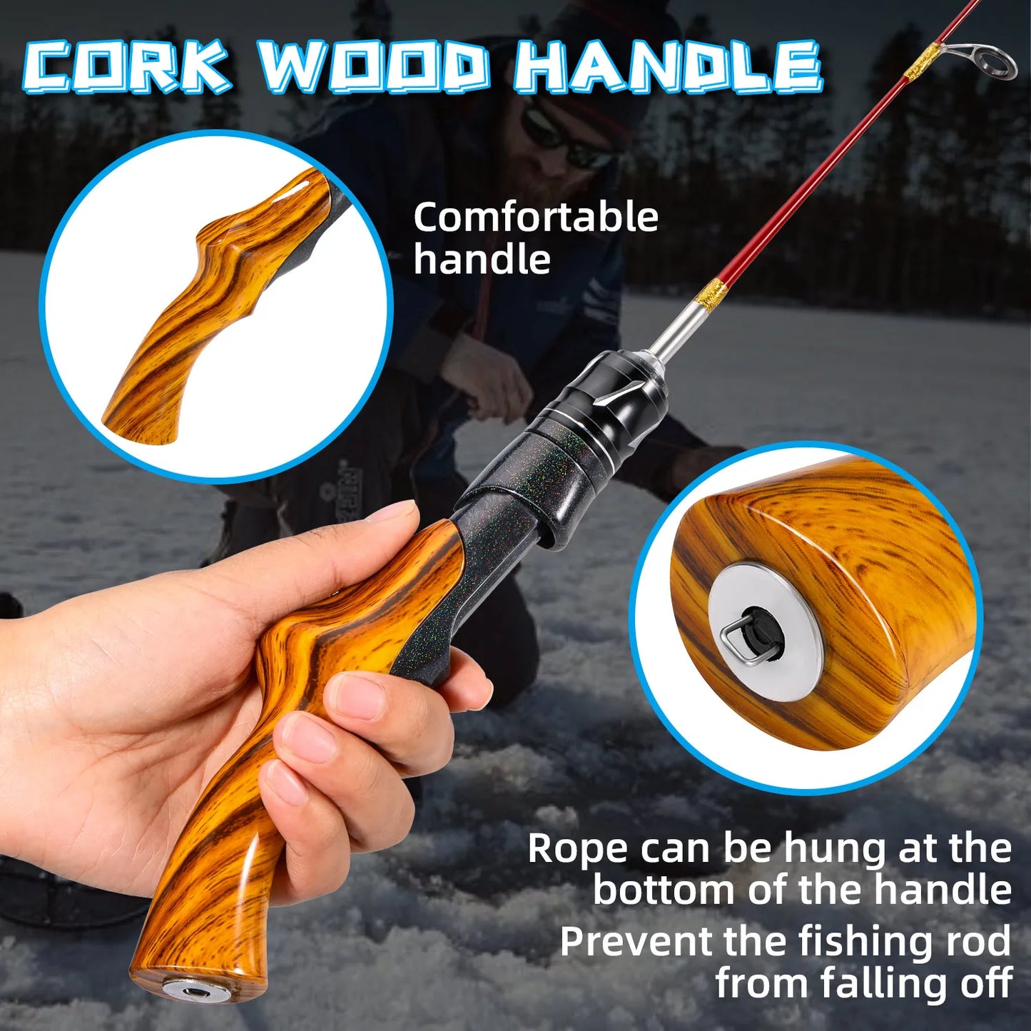 Sougayilang Ultra Light Ice Fishing Rod with Wood Grain Grip and Rust Proof Guide Ring Metal Sleeve for Winter Fishing Rod