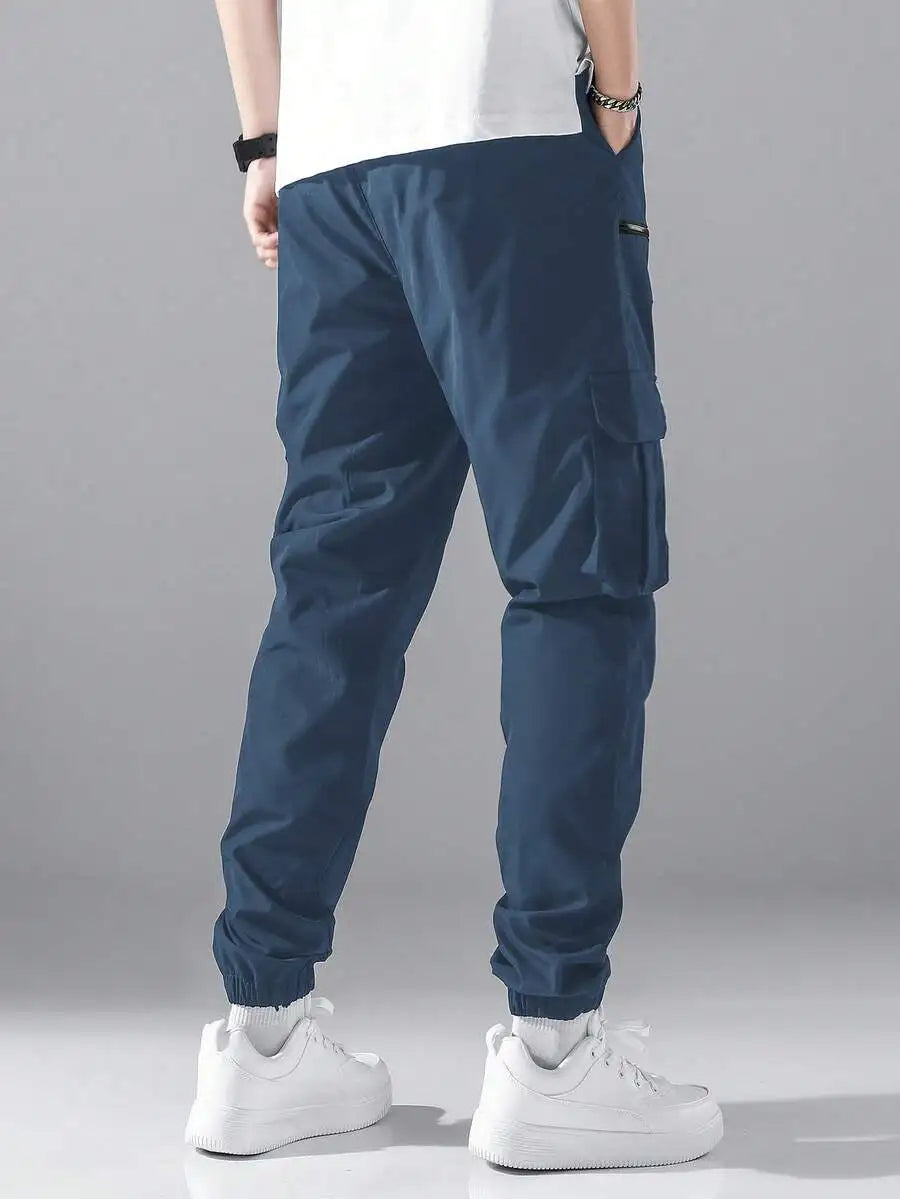Loose Fit Mens Cargo Pants With Flap Pockets Elastic Waist
