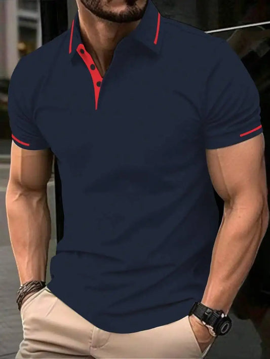 Navy Blue Men's Polo Shirt with Red Trim Collar and Cuffs, Short Sleeve Casual Summer Top