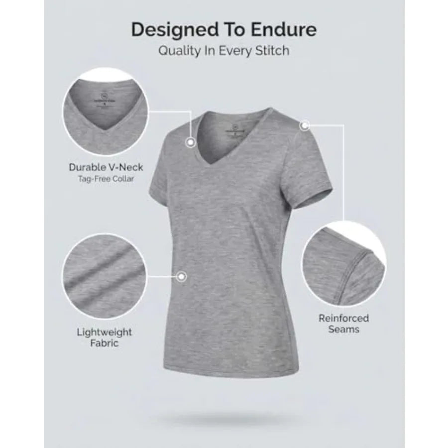 Real Essentials 5 Pack: Women's Dry-Fit Short Sleeve V Neck T Shirt Workout Fitness Yoga Top Tee Available in