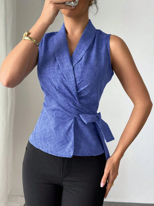 Womens Sleeveless V Neck Wrap Blouse With Adjustable Tie Waist