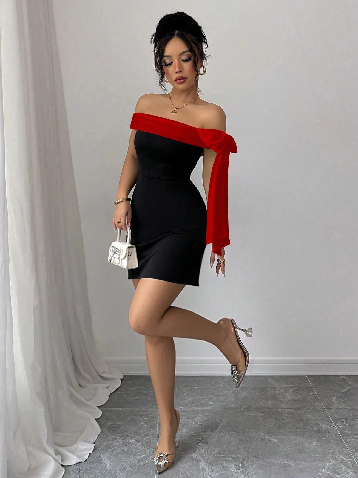 Women's Off Shoulder Bodycon Dress With Statement Bow For Parties