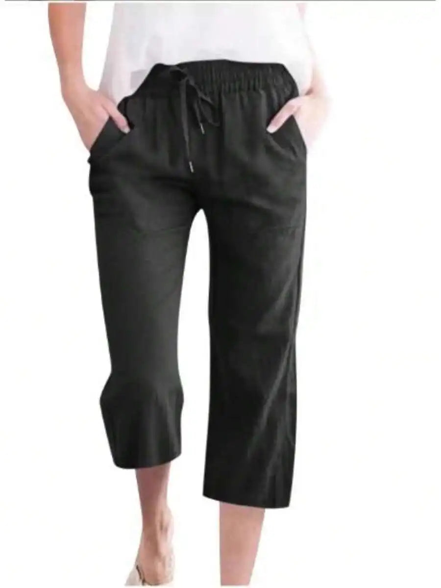 Womens Summer Elastic High Waist Linen Cotton Blend Drawstring Capris
