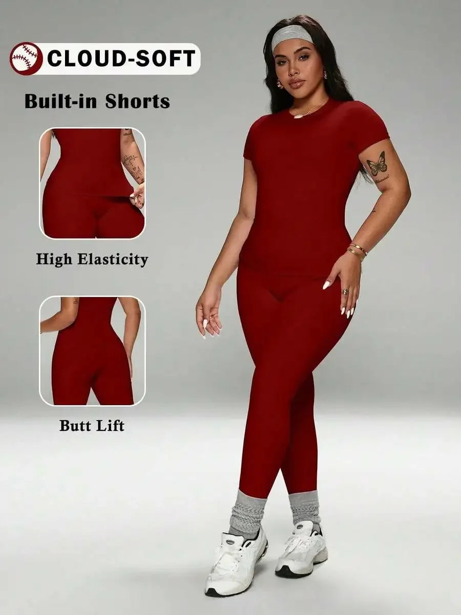 Cloud-Soft 2-Piece Activewear Set High-Waist Yoga Leggings Crew Neck Tee Plus Size Stretchy Sportswear