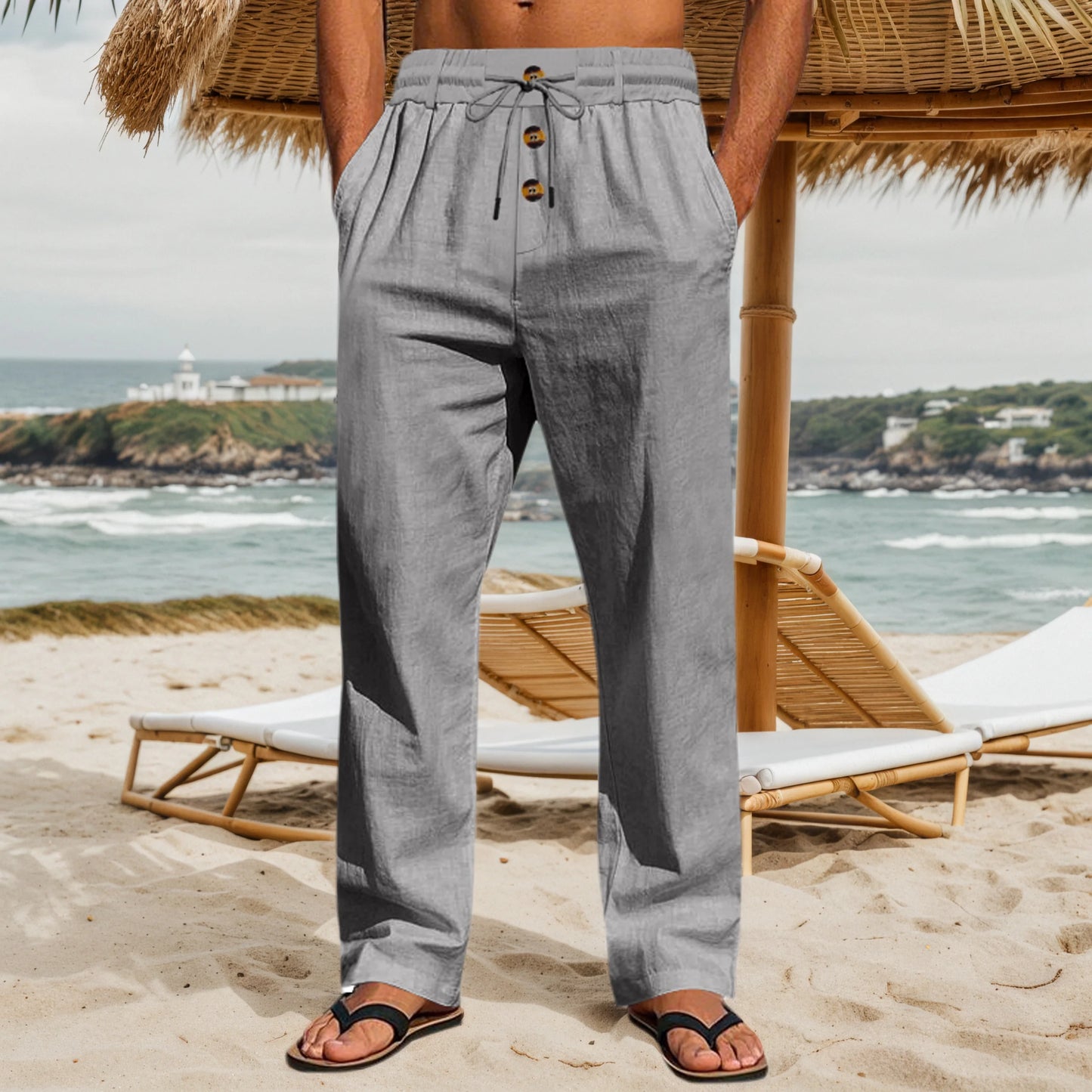 Cotton Mens Loose Straight Leg Pants With Elastic Waist