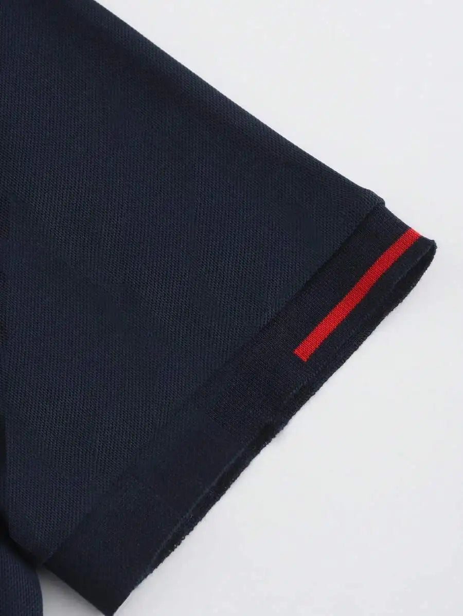 Navy Blue Men's Polo Shirt with Red Trim Collar and Cuffs, Short Sleeve Casual Summer Top
