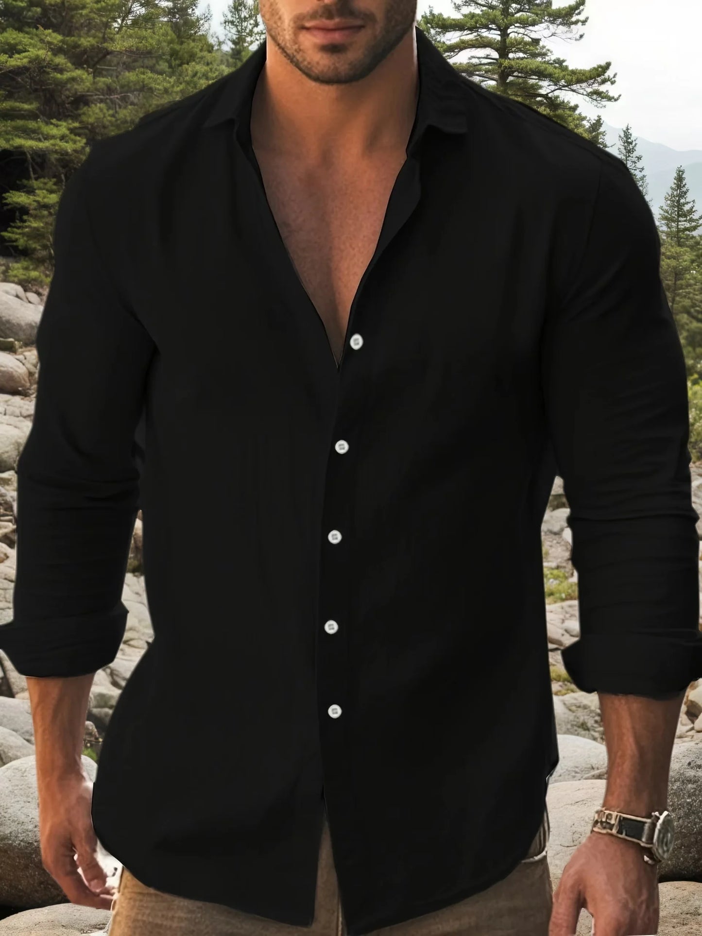 Men's Solid Cotton Long Sleeve Shirt With Classic Collar
