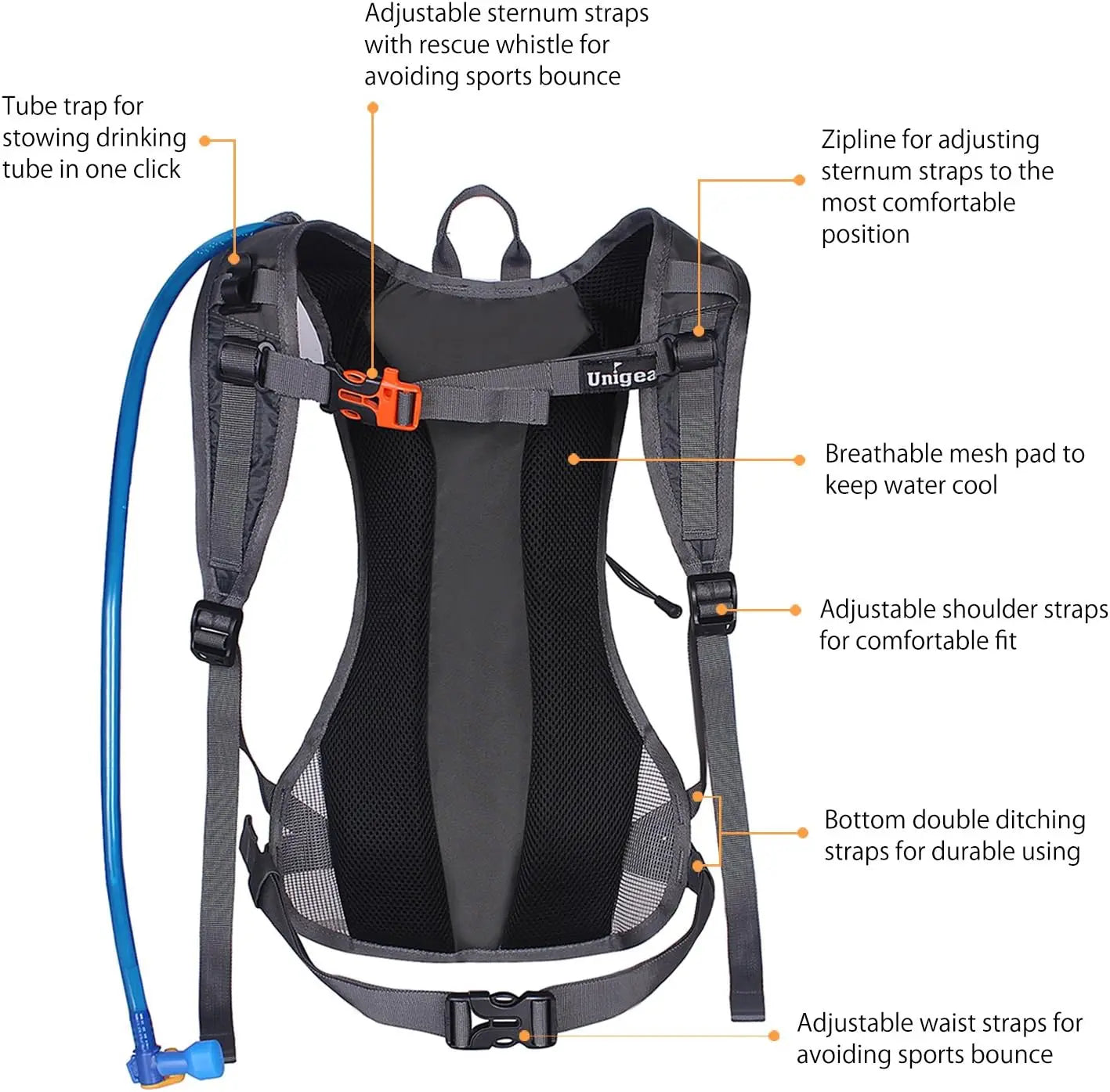 Backpack w/ 2L (70oz) Water Bladder - Perfect for Hiking, Cycling, Camping.