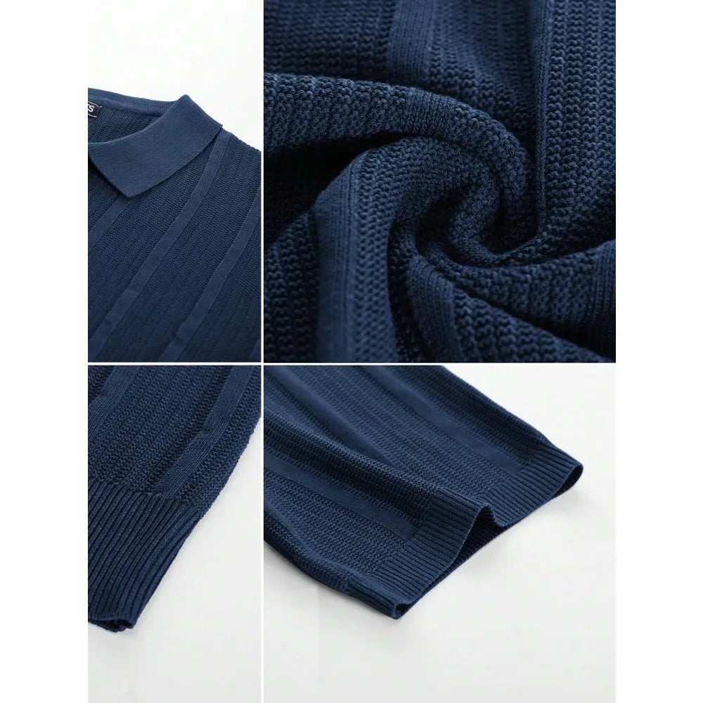 Men's Navy Blue Short - Sleeve Knitted Polo Shirt - Vertical Ribbed Pattern - Comfortable And Stylish For Daily And Smart - Casual Wear