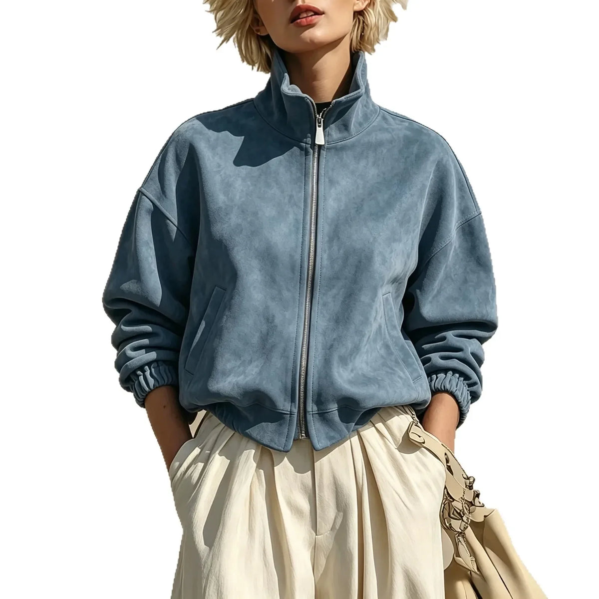 Women's Retro Suede Style Stand Collar Zipper Jacket Cinched Sleeves