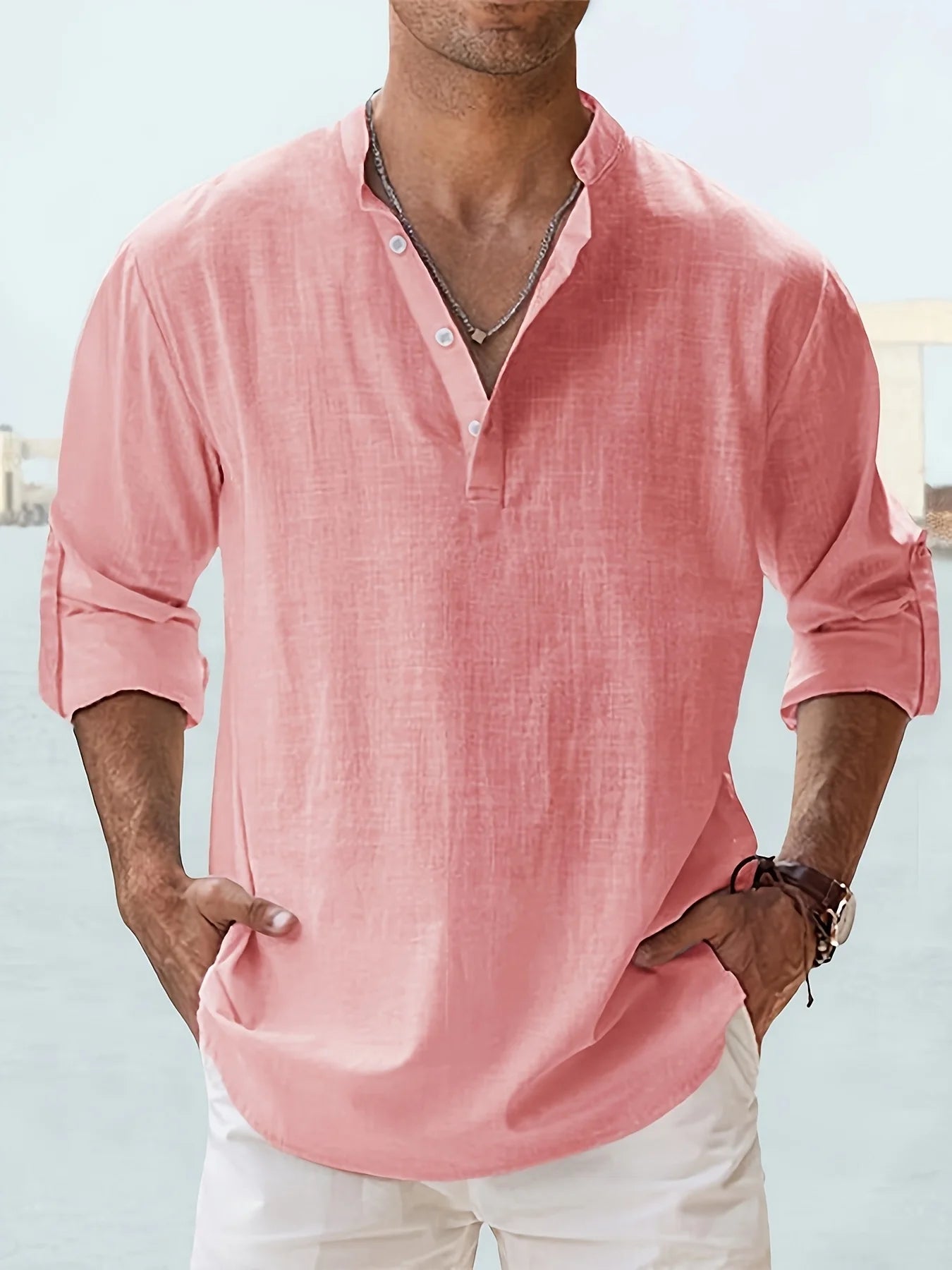 Men's Loose Fit Solid Long Sleeve Linen Collar Shirt