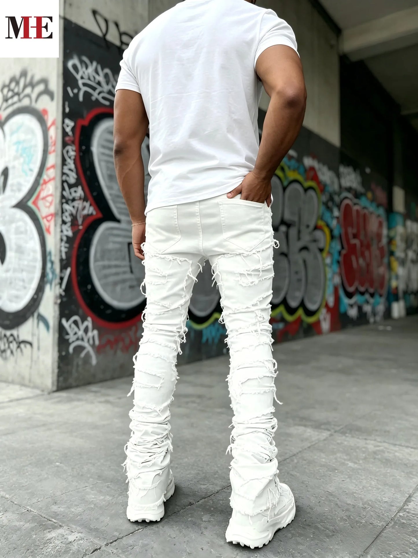 HME Men's White Denim Stacked Ripped Slim Flared Jeans