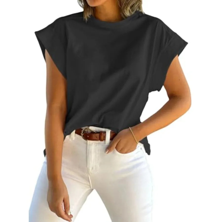 Tankaneo Women's Summer Cap Sleeve Tank Top Crew Neck Tee