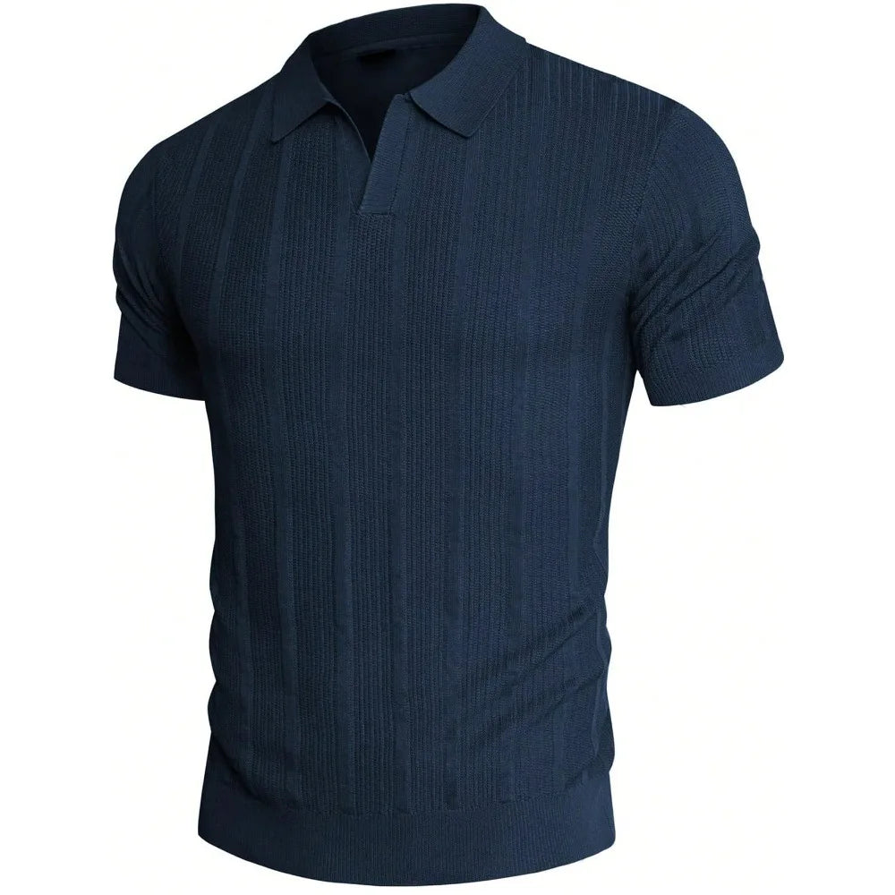 Men's Navy Blue Short - Sleeve Knitted Polo Shirt - Vertical Ribbed Pattern - Comfortable And Stylish For Daily And Smart - Casual Wear