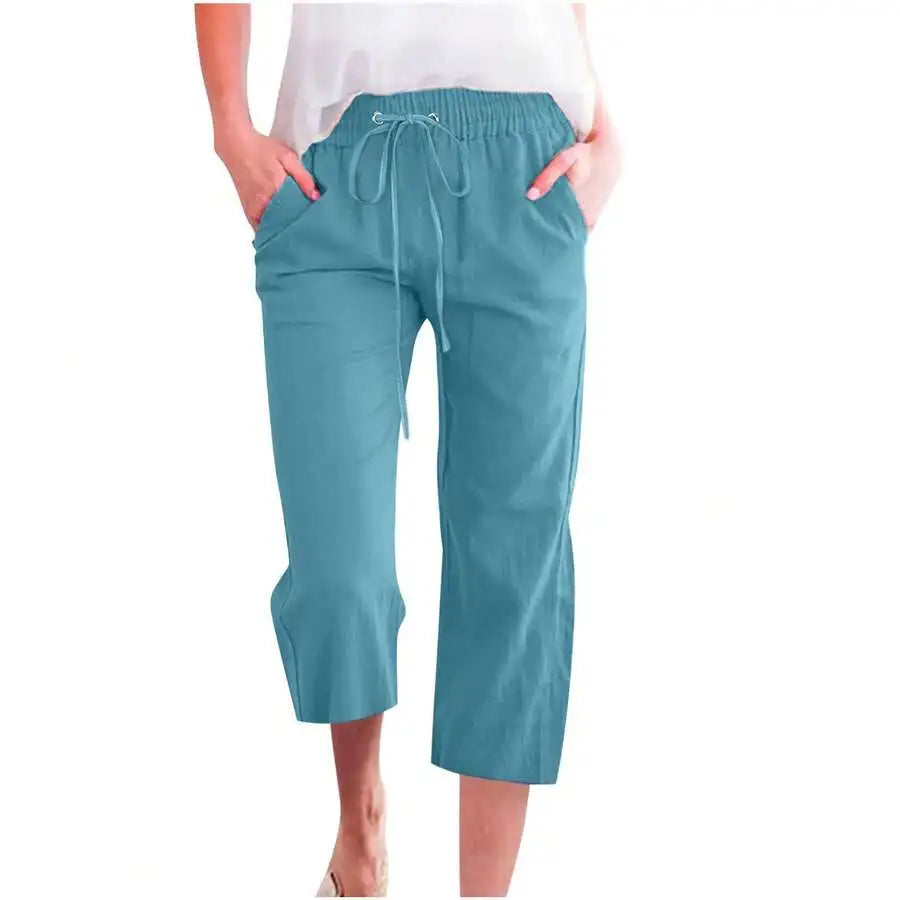 Womens Summer Elastic High Waist Linen Cotton Blend Drawstring Capris