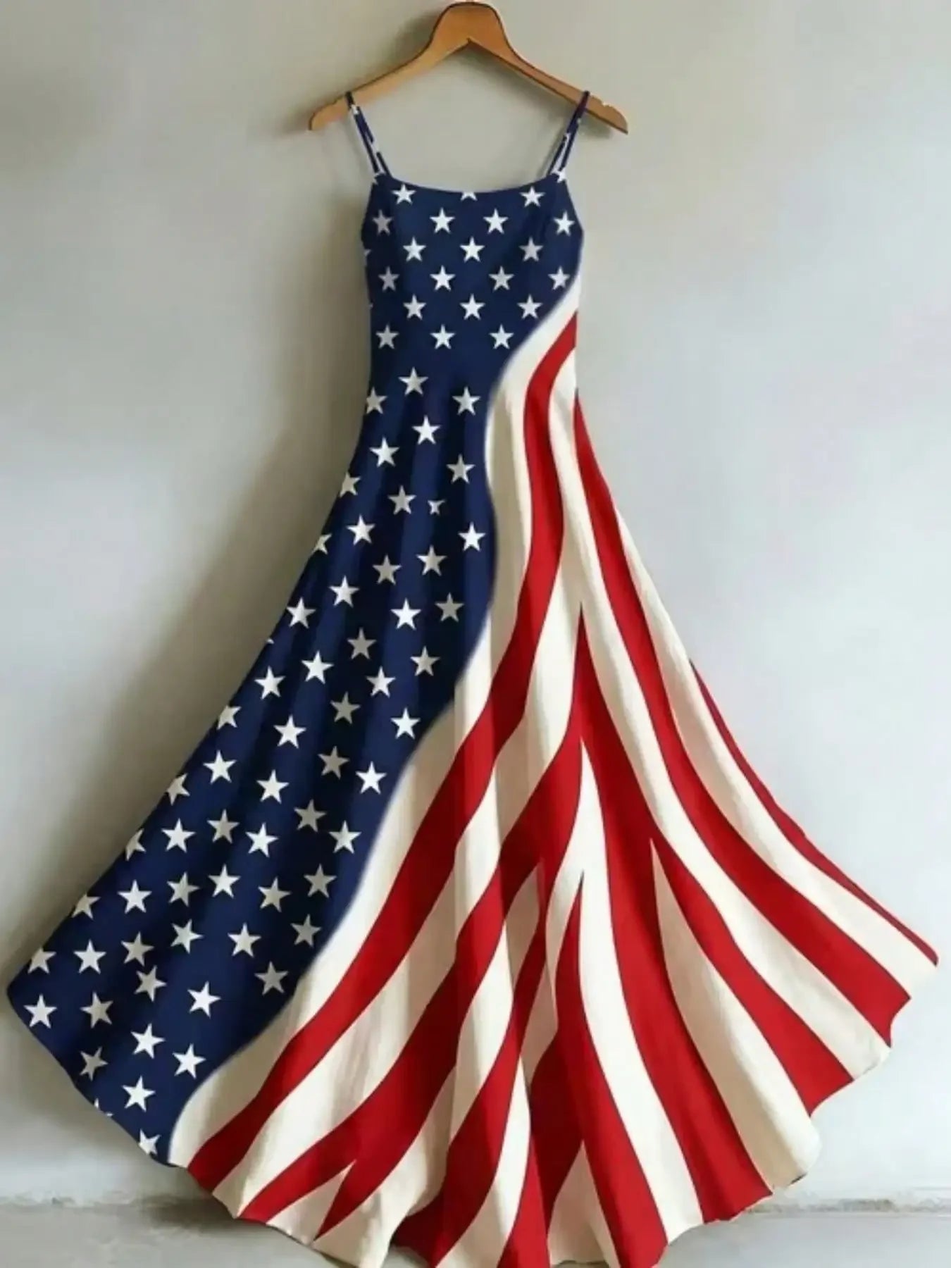 Spaghetti Strap A Line Maxi Dress With American Flag Patchwork Print