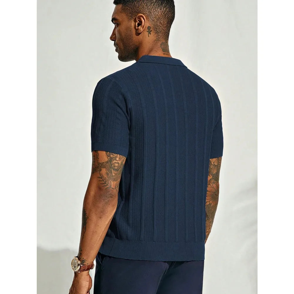 Men's Navy Blue Short - Sleeve Knitted Polo Shirt - Vertical Ribbed Pattern - Comfortable And Stylish For Daily And Smart - Casual Wear