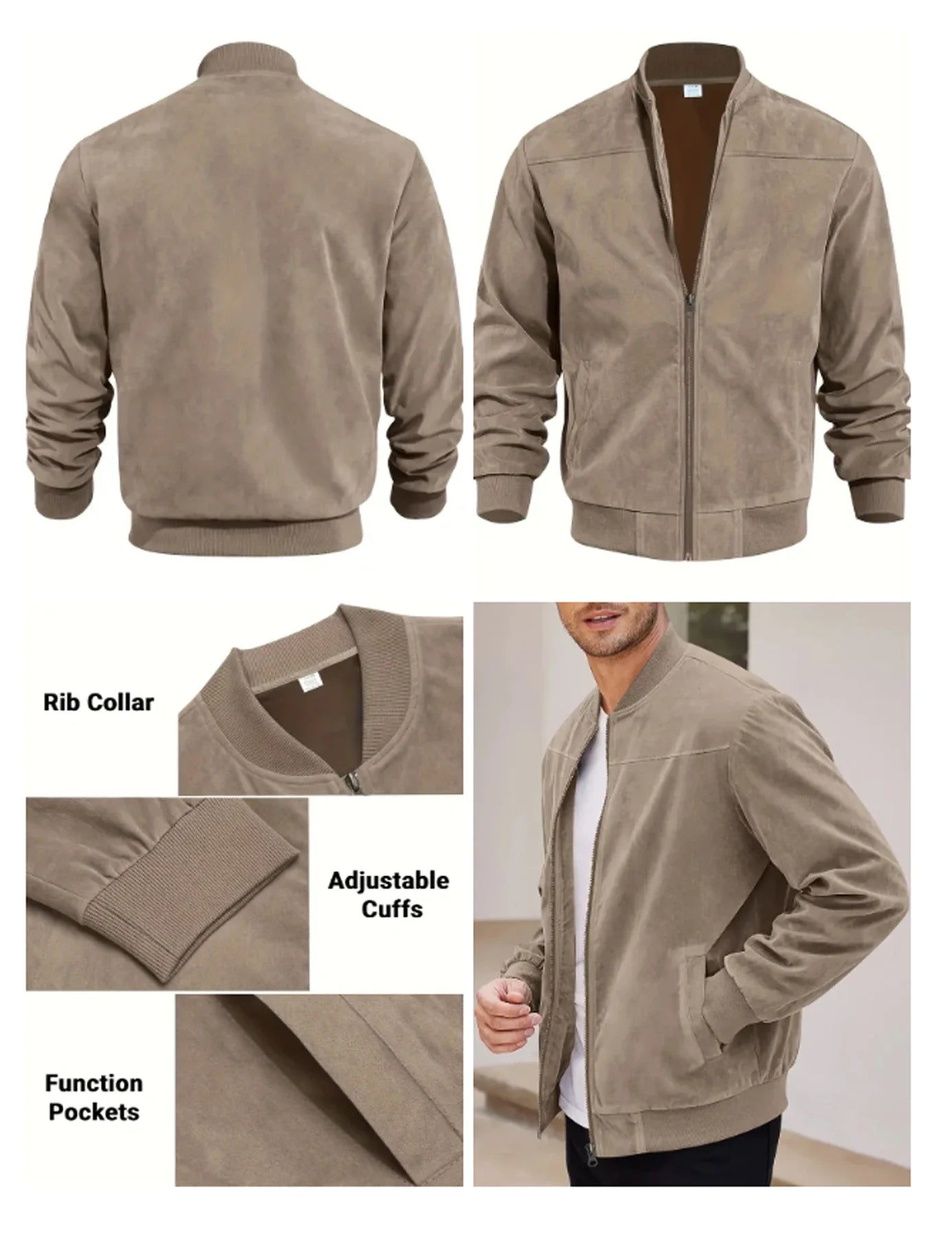 Men's suede nap fabric casual jacket Round neck zipper Solid color Sport Bomber Jacket Casual edition sports and golf fashion