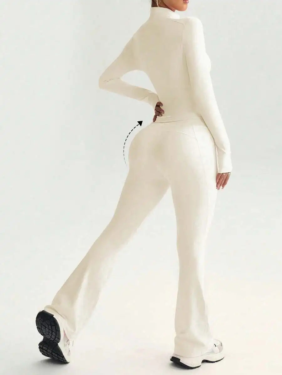 Women Solid Seamless Sports Set Elastic Jacket With Butt Lifting Leggings