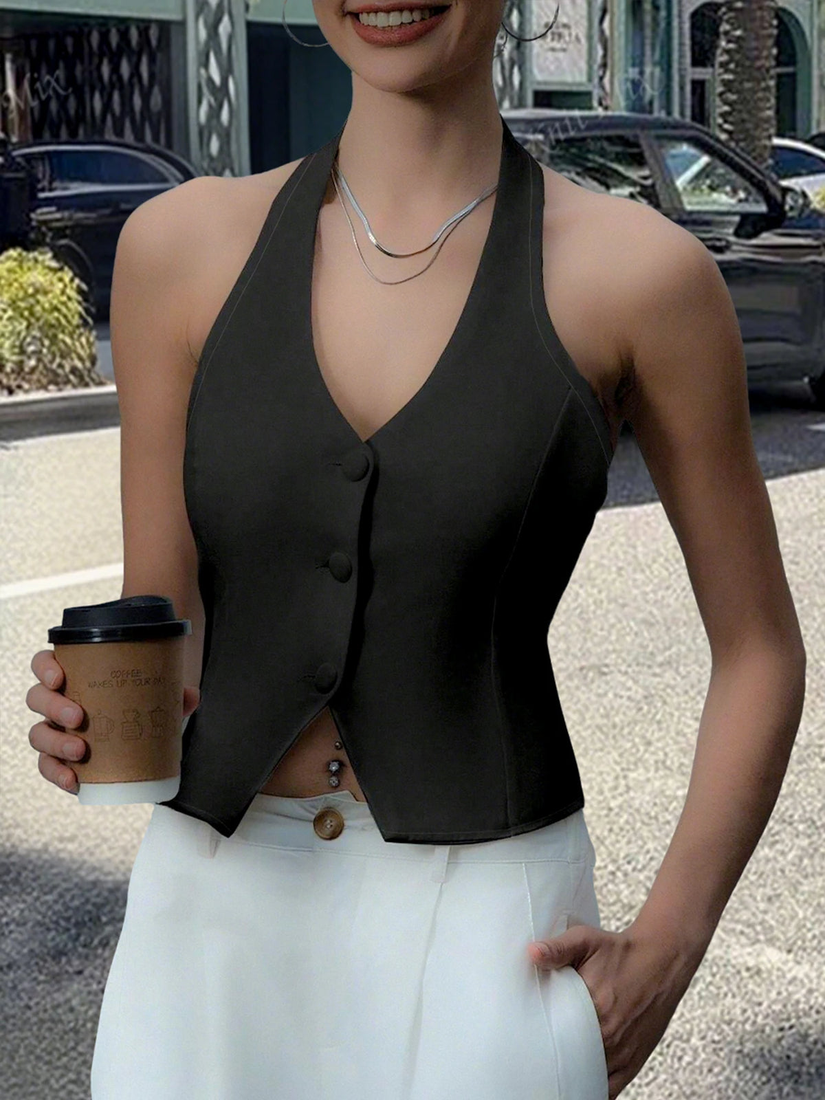 Womens Halter Neck Button Vest Top With Stylish Back Tie