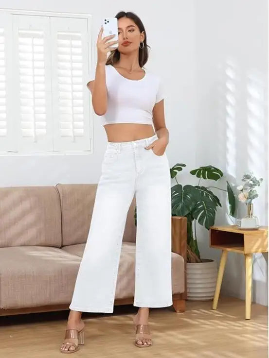 Genleck Wide Leg Jeans Cropped Loose Fit High Waisted Stretchy Capri Denim Pants Baggy Petite Jeans Short Girls Friendly White C
