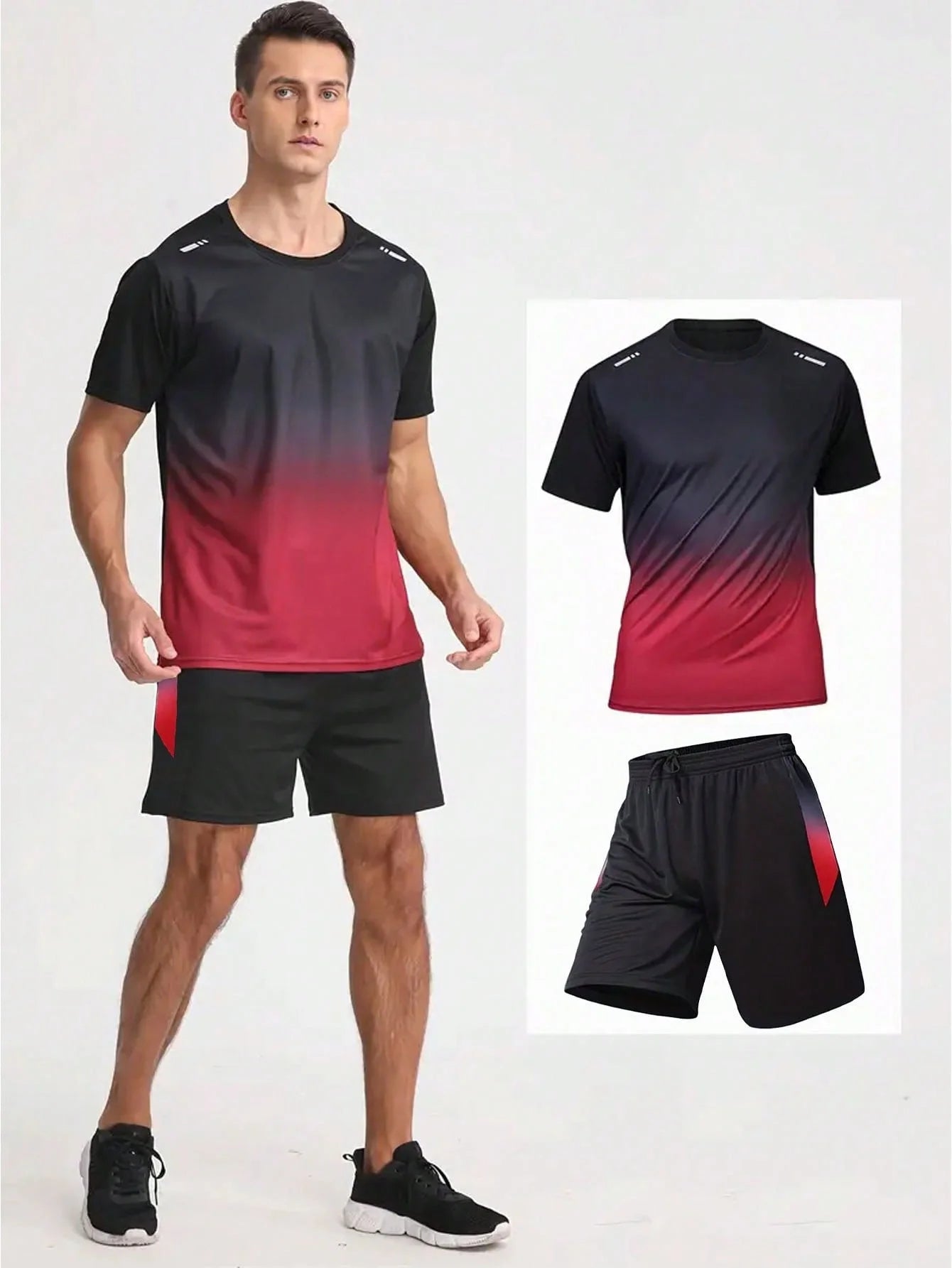 12 pcs color random including 6 T-shirts+6 shorts  men's gradient short sleeved shorts breathable and quick drying casual fitnes