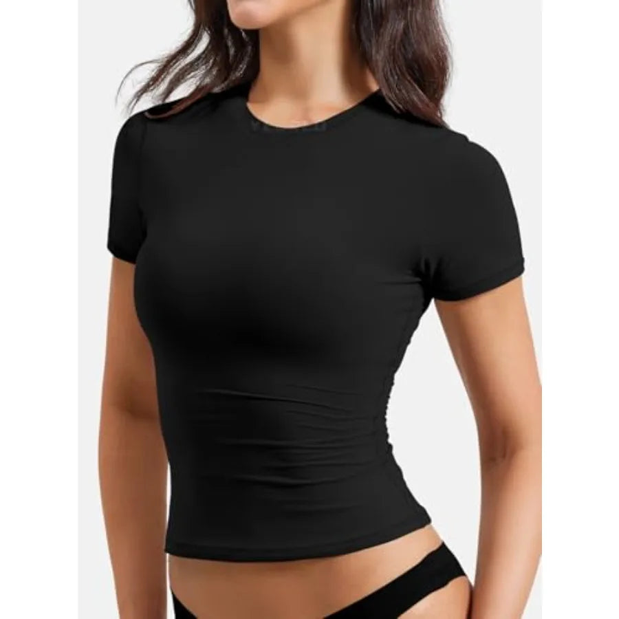 Ease Women Fitted Workout Tops Short Sleeve Double Lined Basic Y2K Going Out Crew Neck Compression Crop Top