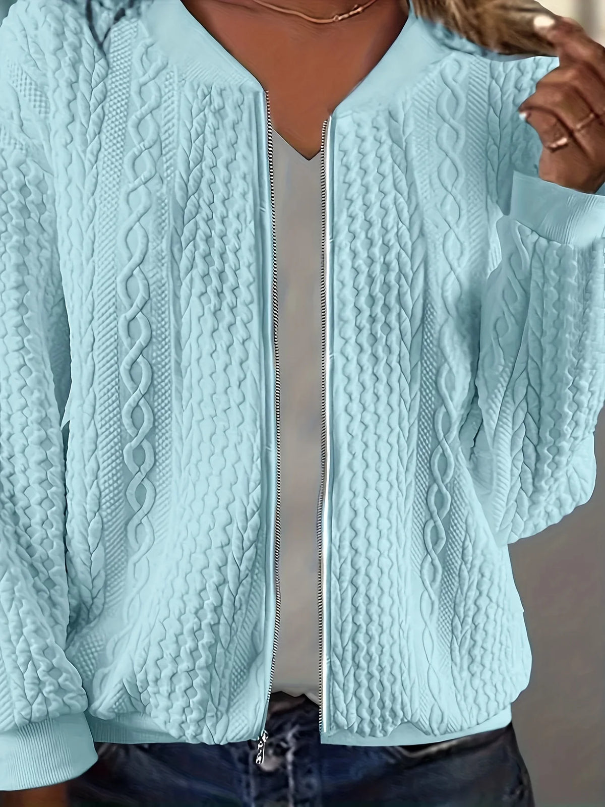 Women Cable Knit Zip Front Cardigan Top For Daily Wear