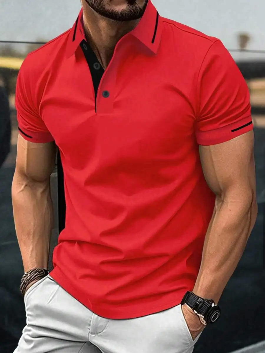 Navy Blue Men's Polo Shirt with Red Trim Collar and Cuffs, Short Sleeve Casual Summer Top