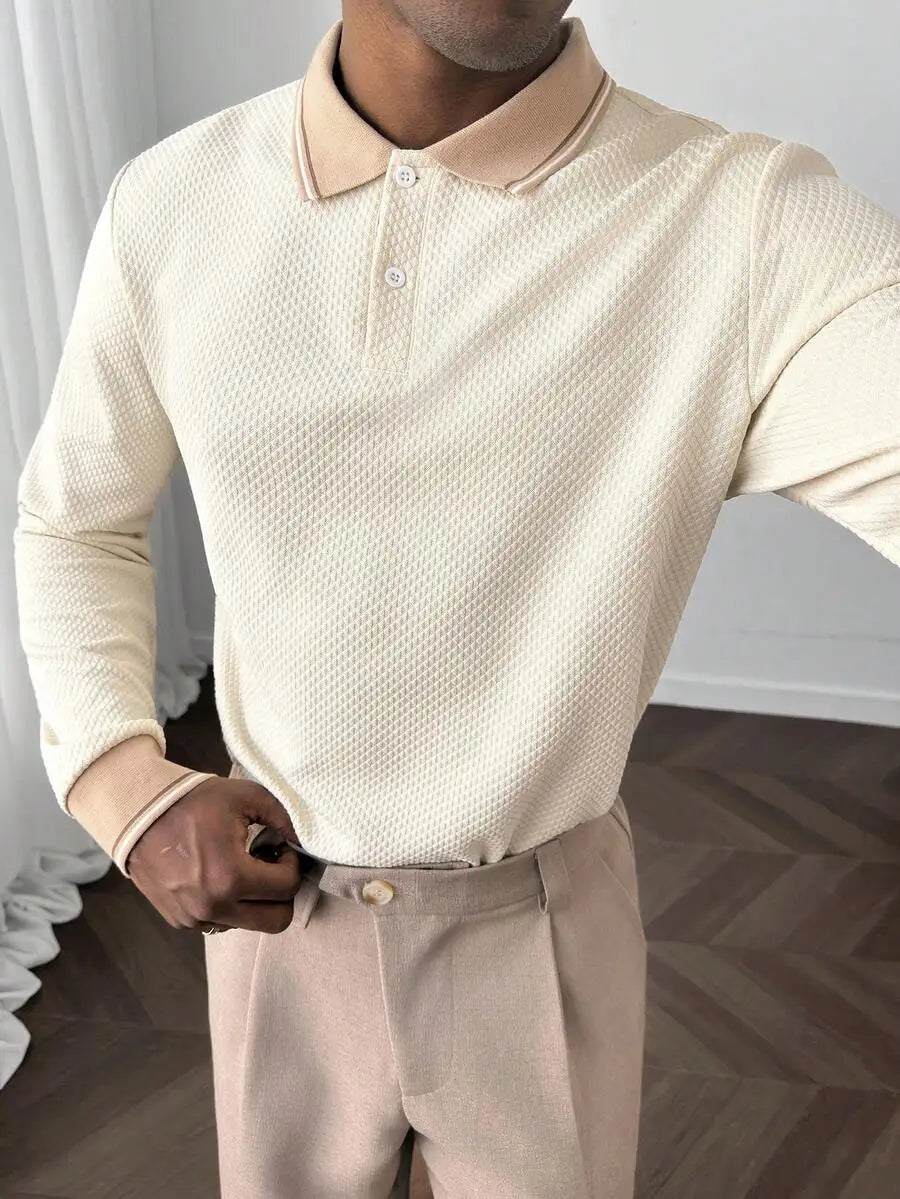 Men's Long Sleeve Textured Knit Polo Shirt - Solid White, Casual Business Wear