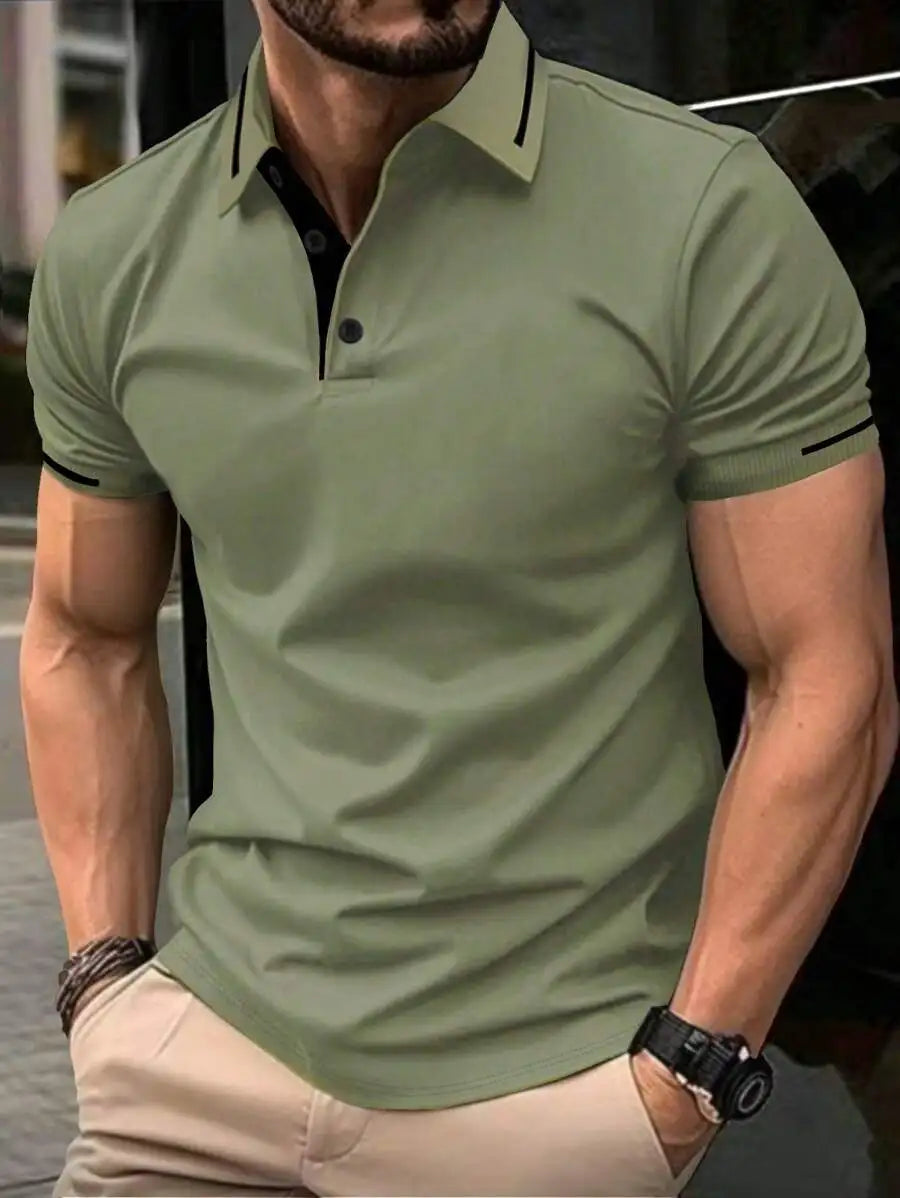 Navy Blue Men's Polo Shirt with Red Trim Collar and Cuffs, Short Sleeve Casual Summer Top