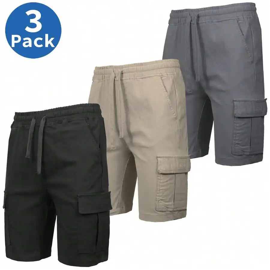 Mens Casual Cargo Shorts Elastic Waist Drawstring Cotton 3 Pack