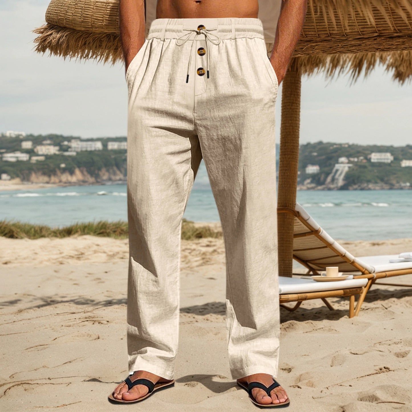 Cotton Mens Loose Straight Leg Pants With Elastic Waist